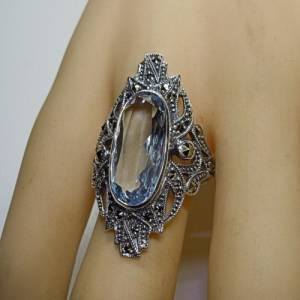 Jugendstil Sterling Silber Aquamarin Ring mit Markasit Bild 5