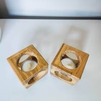 2er Set Design Teelichthalter Cube aus Holz | Holzdekoration für Kerzen aus Massivholz | Eichenholz Teelichthalter Bild 2