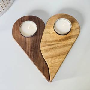 Teelichthalter Herz für 2 Teelichter aus Holz | Holzdekoration für Kerzen aus Massivholz | Eiche und Nuss Teelichthalter Bild 1