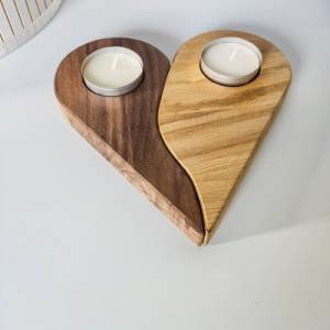 Teelichthalter Herz für 2 Teelichter aus Holz | Holzdekoration für Kerzen aus Massivholz | Eiche und Nuss Teelichthalter Bild 2