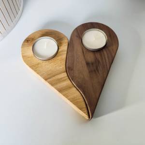 Teelichthalter Herz für 2 Teelichter aus Holz | Holzdekoration für Kerzen aus Massivholz | Eiche und Nuss Teelichthalter Bild 1