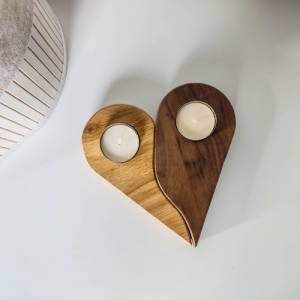 Teelichthalter Herz für 2 Teelichter aus Holz | Holzdekoration für Kerzen aus Massivholz | Eiche und Nuss Teelichthalter Bild 2