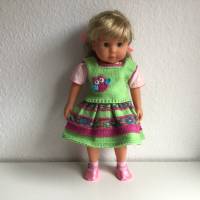 Puppenrock mit Pulli, für Puppengröße ca. 46-48 cm, 2-teiliges Puppenkleid grün/bunt mit Eule Bild 1