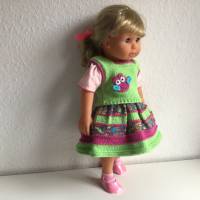 Puppenrock mit Pulli, für Puppengröße ca. 46-48 cm, 2-teiliges Puppenkleid grün/bunt mit Eule Bild 3