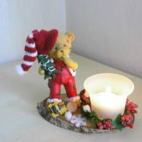 Weihnachten Deko Bär Teddybär  mit Teelicht auf einer Baumscheibe Bild 1