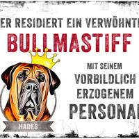Hundeschild VERWÖHNTER HUND (Bullmastiff) mit Hundename, wetterbeständiges Warnschild Bild 1