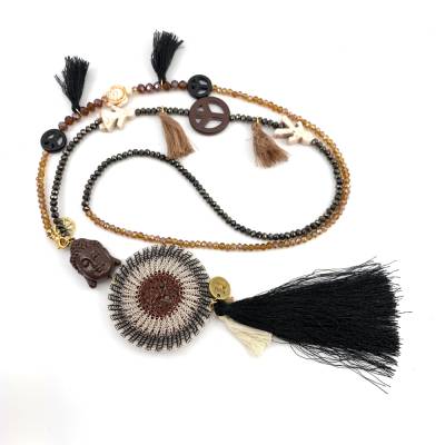 QUASTEN BUDDHA Kette - schwarz/braun/beige - mit doppelt gestricktem doubleface Scheiben-Element