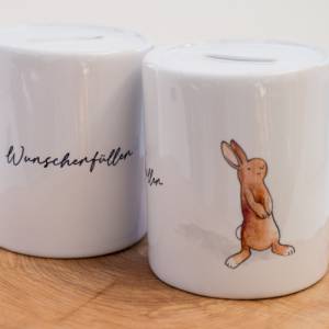 Spardose mit niedlichen Hasen, "Wunscherfüller", ein tolles Geschenk für Kinder, personalisierbar Bild 2