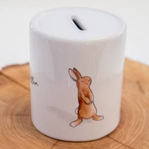 Spardose mit niedlichen Hasen, "Wunscherfüller", ein tolles Geschenk für Kinder, personalisierbar Bild 3