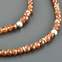 Hakskette mit Mandarin-Granat und 925er Silber, Edelsteinkette orange, facettierte Perlen, zartes Collier Bild 1