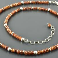 Hakskette mit Mandarin-Granat und 925er Silber, Edelsteinkette orange, facettierte Perlen, zartes Collier Bild 2