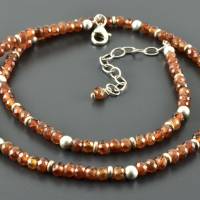 Hakskette mit Mandarin-Granat und 925er Silber, Edelsteinkette orange, facettierte Perlen, zartes Collier Bild 3