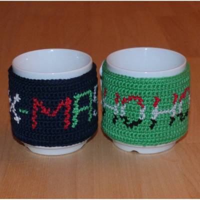 Häkelanleitung weihnachtliche Tassenwärmer mit eingehäkeltem Text X-MAS oder Hohoho, pdf-Datei