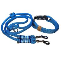 Hundeleine und Halsband Set, beides verstellbar, blau, dunkelblau, hellblau, silber, Leder und Schnalle, 10 mm Stärke Bild 1