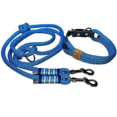 Hundeleine und Halsband Set, beides verstellbar, blau, dunkelblau, hellblau, silber, Leder und Schnalle, 10 mm Stärke