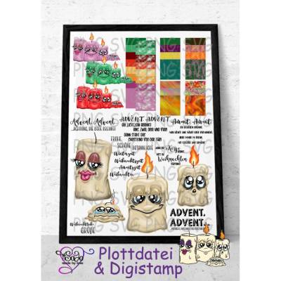 Plotterdatei und Digistamp " Adventskerzen", PNG, SVG&DXF inkl. Sayings und Digipapier
