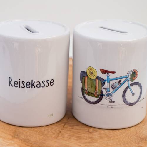 Spardose mit Fahrrad, "Rad-Reisekasse", ein tolles Geschenk, personalisierbar