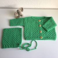 Babyjacke gemustert mit Mütze, Größe 56 in grün, handgestrickt, Holzknöpfe mit Elefantenmotiv Bild 5