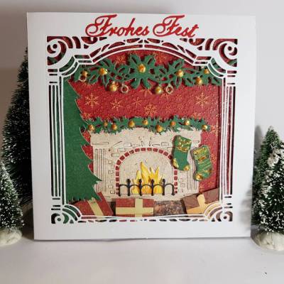 Weihnachten am Kamin aufwändige Weihnachtskarte Fensterkarte feine Handarbeit