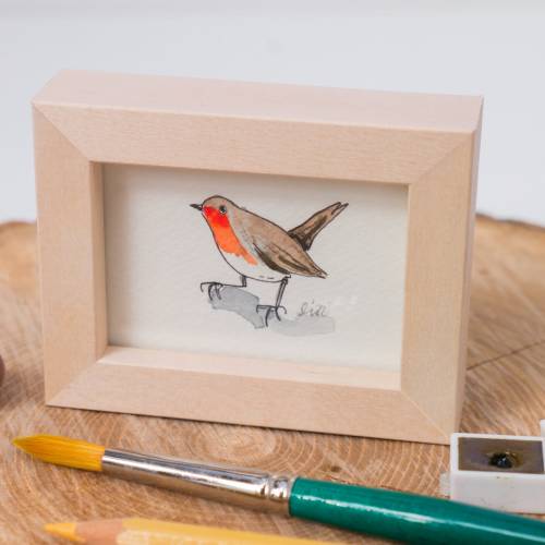 Rotkehlchen Bild im Miniholzrahmen, Original Zeichnung, Kinderzimmer-Bild, Wanddeko, niedliche Illustration, Kinderwandk