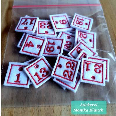 Adventskalenderzahlen, Anhänger auf Filz gestickt