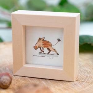 Wildschwein Bild im Miniholzrahmen, Original Zeichnung, Kinderzimmer-Bild, Wanddeko, niedliches Geschenk Bild 1