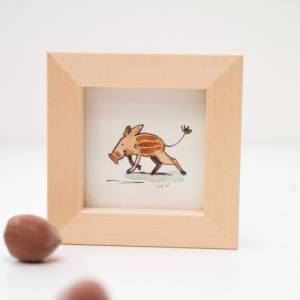 Wildschwein Bild im Miniholzrahmen, Original Zeichnung, Kinderzimmer-Bild, Wanddeko, niedliches Geschenk Bild 2