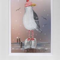 Weihnachtskarte, Grußkarte,  Urlaubsgruß-  humorvoll-   Silbermöwe am Meer-  handgemalt