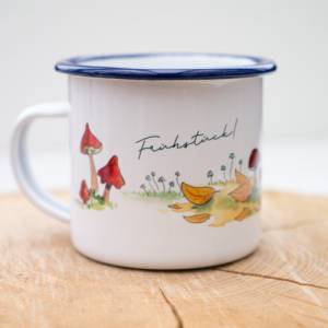 Frühstücks-Emaille-Tasse, Geschenk Tasse mit Igel, Pilzen und Spruch, Kindertasse zum Weihnachten, personalisierbar Bild 5