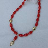 Halskette mit Anhänger in rot-gold, Böhmisches Glas mit Blütenperlen Bild 1