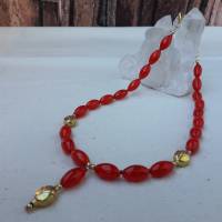Halskette mit Anhänger in rot-gold, Böhmisches Glas mit Blütenperlen Bild 2