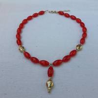 Halskette mit Anhänger in rot-gold, Böhmisches Glas mit Blütenperlen Bild 3