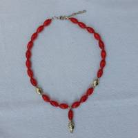 Halskette mit Anhänger in rot-gold, Böhmisches Glas mit Blütenperlen Bild 5