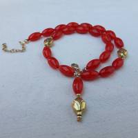 Halskette mit Anhänger in rot-gold, Böhmisches Glas mit Blütenperlen Bild 6