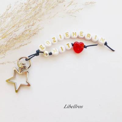 Schlüsselanhänger,Karabiner Stern mit Schriftzug Erzieherin mit... - Herz,Geschenk,Ruhestand,personalisiert,rot