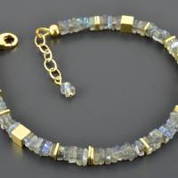 Armband mit Labradorit und vergoldetem Silber, Labradoritscheiben, viereckig, grau / türkis / gold, Edelstein-Armband Bild 3