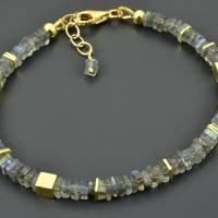 Armband mit Labradorit und vergoldetem Silber, Labradoritscheiben, viereckig, grau / türkis / gold, Edelstein-Armband Bild 5