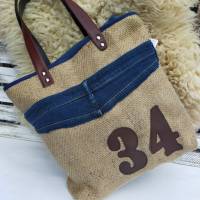 Upcycling Shopper / Handtasche aus einem schicken Kaffeesack, Gürtel und einer Jeans Bild 1