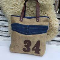 Upcycling Shopper / Handtasche aus einem schicken Kaffeesack, Gürtel und einer Jeans Bild 4