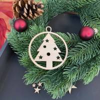 „Weihnachtsbaum mit Kugeln und Sternen“ - Geschenkanhänger/Christbaumanhänger aus Holz Bild 1