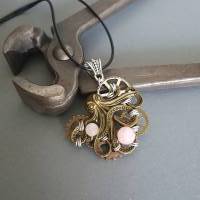 Steampunk Kraken Kette mit Zahnräder und Rosenquarz Perlen Draht/ Handgemachte Halskette Bild 1