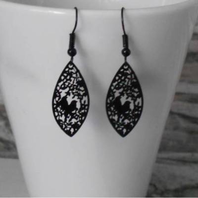 Tropfen Vögel – Schwarze filigrane Ohrhänger Ohrringe Ethno Goa Hippie Gothic aus Edelstahl