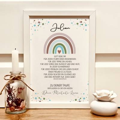 Taufgeschenk personalisiert Junge – Regenbogen Poster mit Namen im Bilderrahmen als Patenbrief