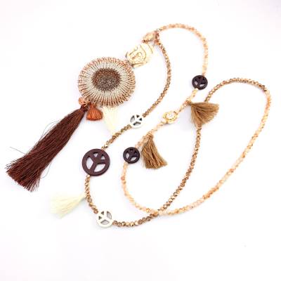 QUASTEN BUDDHA Kette - schwarz/braun/beige - mit doppelt gestricktem doubleface Scheiben-Element