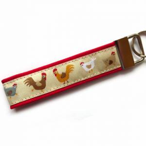 Schlüsselanhänger Hühner Huhn Hahn Bauernhof aus Baumwollstoff und Webband beige rot ocker Bild 1