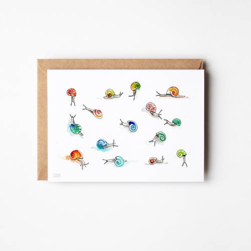 kleine bunte Schnecken Postkarte, Faltkarte mit Umschlag, Schnecken Grußkarte