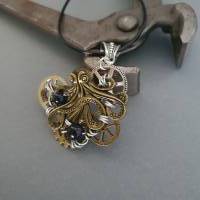 Steampunk Kraken Kette mit Zahnräder und Blaufluss Perlen Draht/ Handgemachte Halskette Bild 1