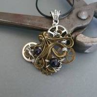 Steampunk Kraken Kette mit Zahnräder und Blaufluss Perlen Draht/ Handgemachte Halskette Bild 2