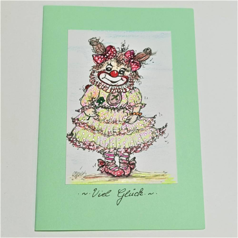 Viel Glück Clown Mädchen handgemalt mit Marienkäfer und Kleeblatt Kunstkarte Geburtstagskarte Bild 1