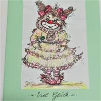 Viel Glück Clown Mädchen handgemalt mit Marienkäfer und Kleeblatt Kunstkarte Geburtstagskarte Bild 3